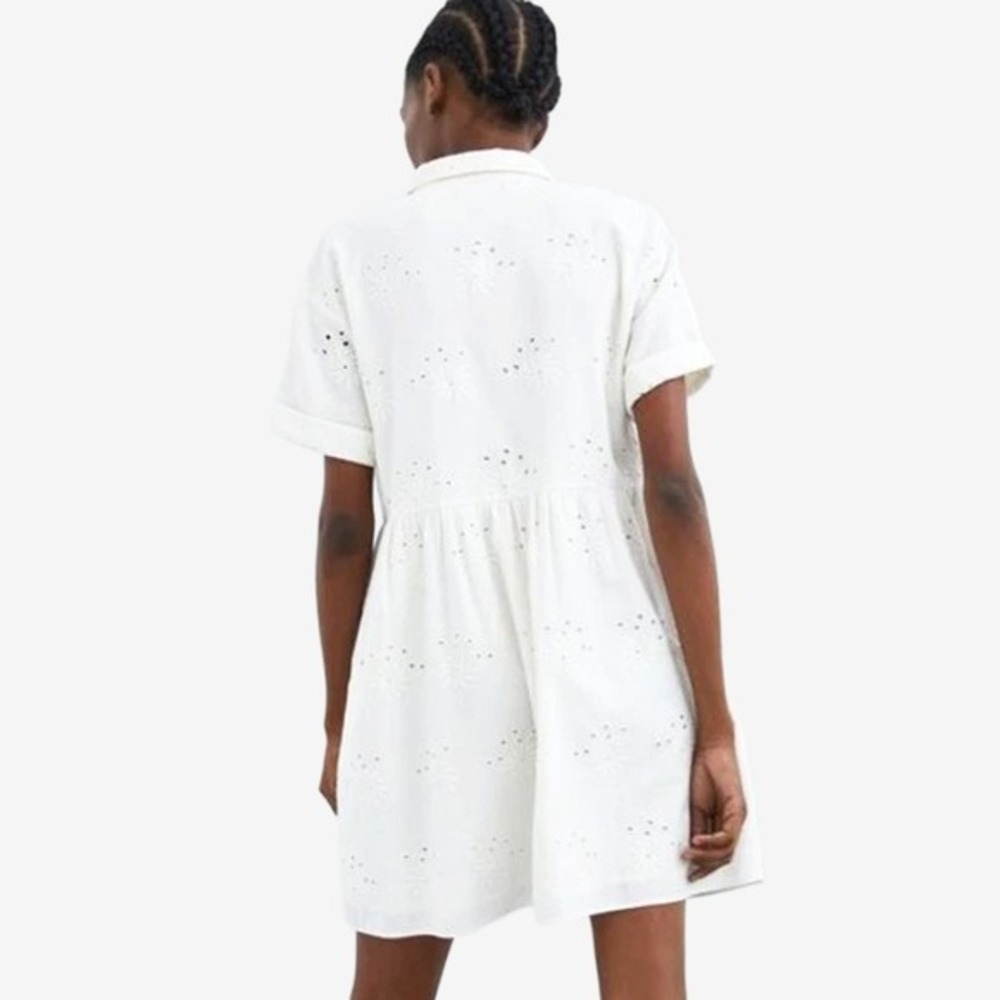 Zara Eyelet Mini Dress Size XL White Babydoll Boho Cottagecore Romantic Coastal - Picture 4 of 5